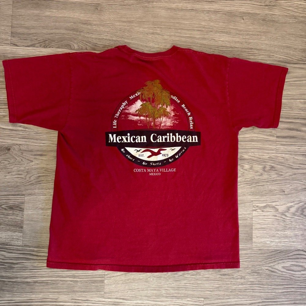 Vintage Y2K Yazbek Costa Maya Mexico T-Shirt Red Mexican Caribbean Graphic XL